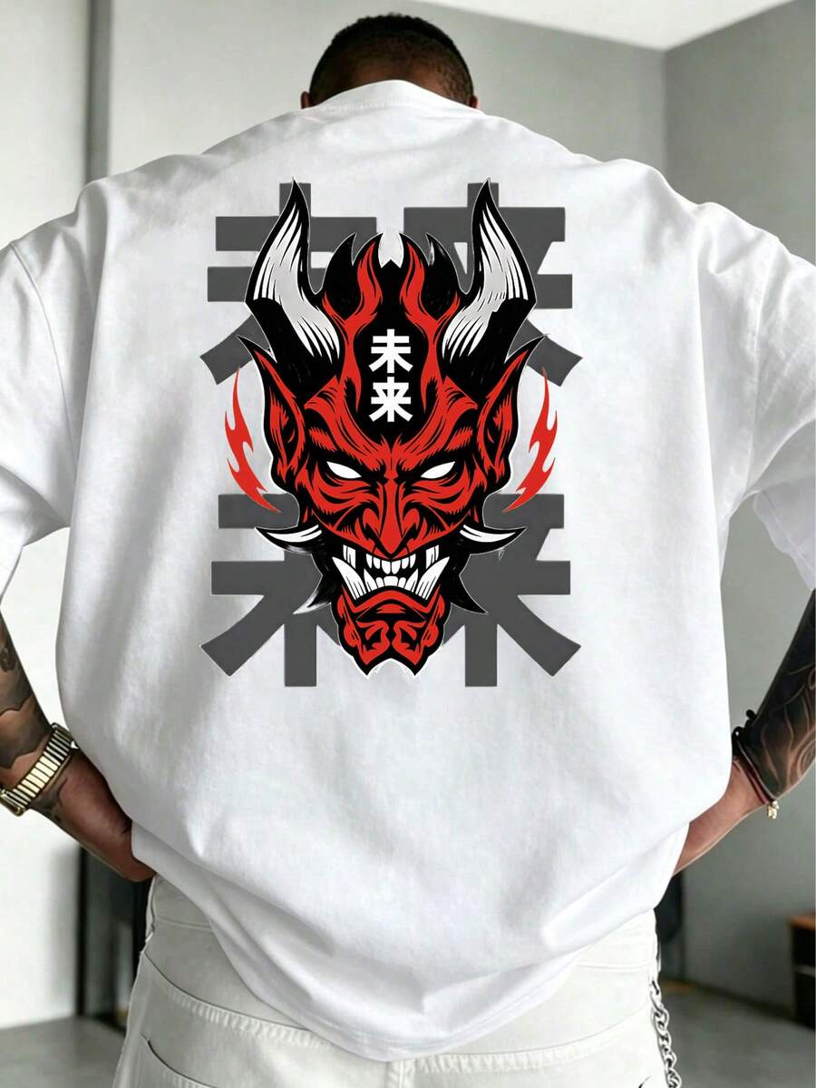 [大尺碼男款]1件大尺碼男士時尚骷髏印花圓領短袖T恤，夏季風格，尺寸建議請參考主圖，下單前請仔細確認 - 白色 - 查看 1