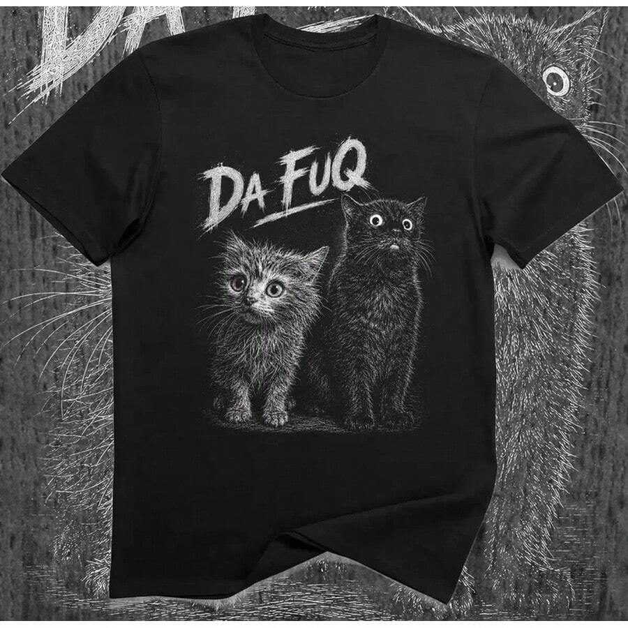 Camiseta con meme de gatos asustados de DaFuq, camiseta gráfica con reacción de gatito divertida, regalo de humor sobre mascotas raras. - Negro - Ver 1