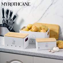 Myrothcane 3pcs Bamboo Lid Potato Onion Garlic Storage Bins, Ventilated Metal Vegetable Storage Containers, Stackable Farmhouse Style Kitchen Countertop Produce Organizer, Suitable For Pantry Storage - White - View 4