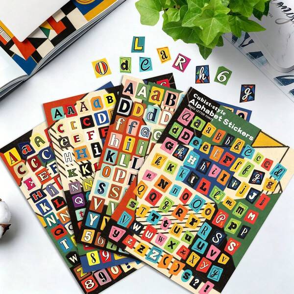 4 pièces Autocollants de lettres de style cubiste, autocollants de lettres de collage, scrapbooking, cahier, bouteille d'eau, artisanat DIY, cadeaux, journal de bord, journal intime et ensemble de matériel de collage.
