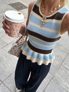 女款針織無袖荷葉邊條紋背心上衣，標準長度，中等彈性，夏季上衣，通勤辦公穿搭 - 棕色 - 查看 13