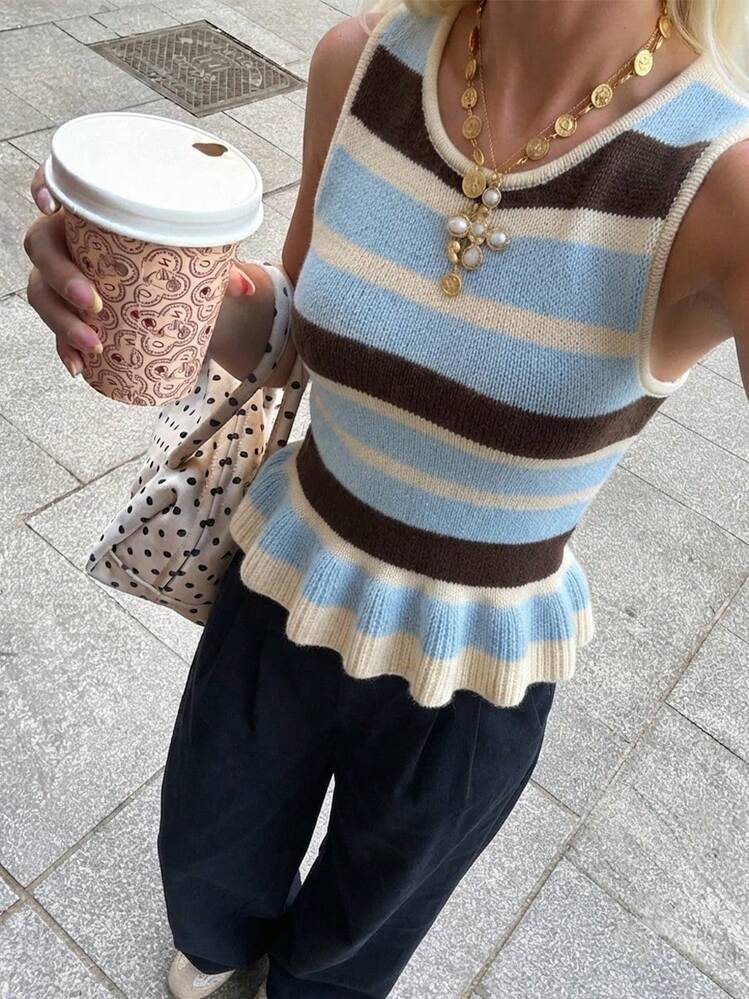 Women's Knitted Sleeveless Ruffle Hem Striped Tank Top, Regular Length, Medium Stretch, Summer Top, Commute Office Wear - Brown - View 13