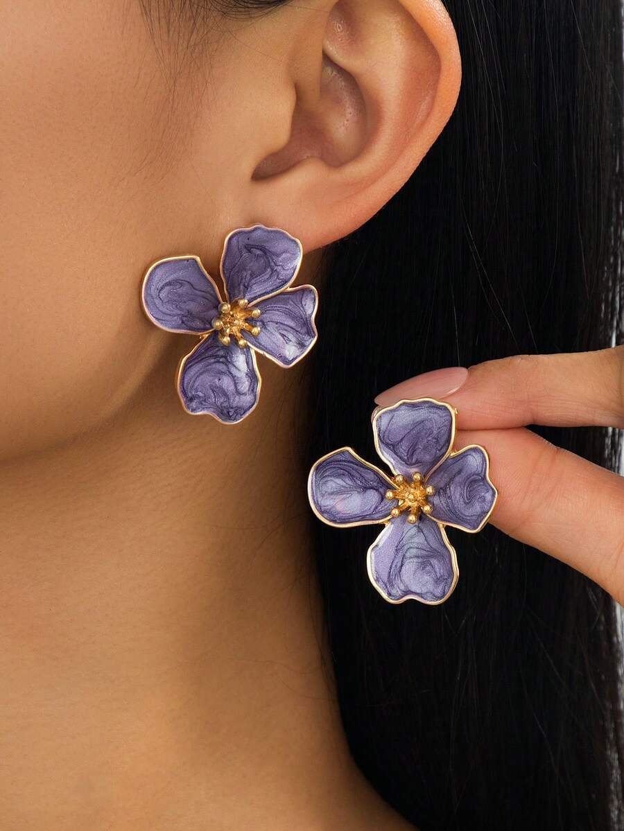 1 Pair Luxury Elegant Elegant Summer Vacation Beach Atmosphere Soft Purple Handmade Oil-Drip Flower Stud Earrings For Women - Purple - View 1