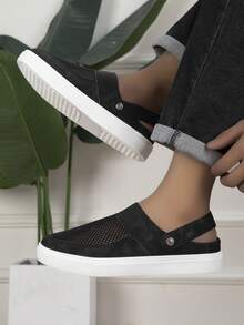 Sandalias tipo slide de malla de unicolor para hombre con patchwork de microfibra, parte superior hueca y correa trasera ajustable, adecuadas para ir al trabajo, viajar, conducir y uso diario en verano - Negro - Ver 5