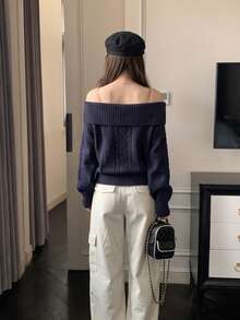 [Y6Y]Autumn Women Cold Shoulder Cable Knit Sweater, Exposed Shoulder Cable Knit Cardigan, Korean Style Gentle Aesthetic - Navy Blue - View 2