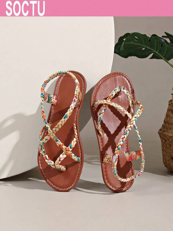 SOCTU Women's Colorful Woven Toe-Post Sandals, Summer Bohemian Style Flat Roman Sandals With Elastic Straps, Vacation Beach Flip-Flops