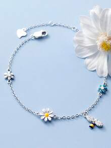 1pc S925 Sterling Silver Mori Style Fresh Ins Rhinestone Daisy & Bee Pendant Bracelet For Women, Sweet Cute Personalized Exquisite Niche Design, Versatile Gentle Commute Elegant Daily Matching Elegant Jewelry, Holiday Gift For Friends Birthday - Flowers - View 3