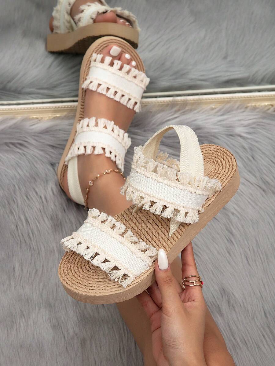 Women's Summer Wedge Platform Slides With Tassels, Beige & Camel Color ...