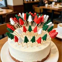 60pcs Christmas Tree Cocktail Picks, Multifunctional Bamboo Toothpicks With Leaf Design, Appetizer Picks, Food Skewers, Fruit Picks, Thanksgiving, Halloween, Easter And Party Decorations - Multicolor - View 3