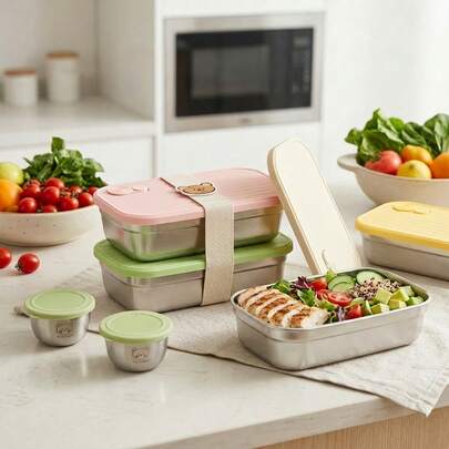 Multifunctional Portable 304 Stainless Steel Lunch Box, Fruit Salad Food Storage Container, Leak Proof Bento Box, Stackable Bento Lunch Box,Dishwasher Allowable, Suitable For Student And Adult Use In School, Office, Picnic,Travel, Back To School