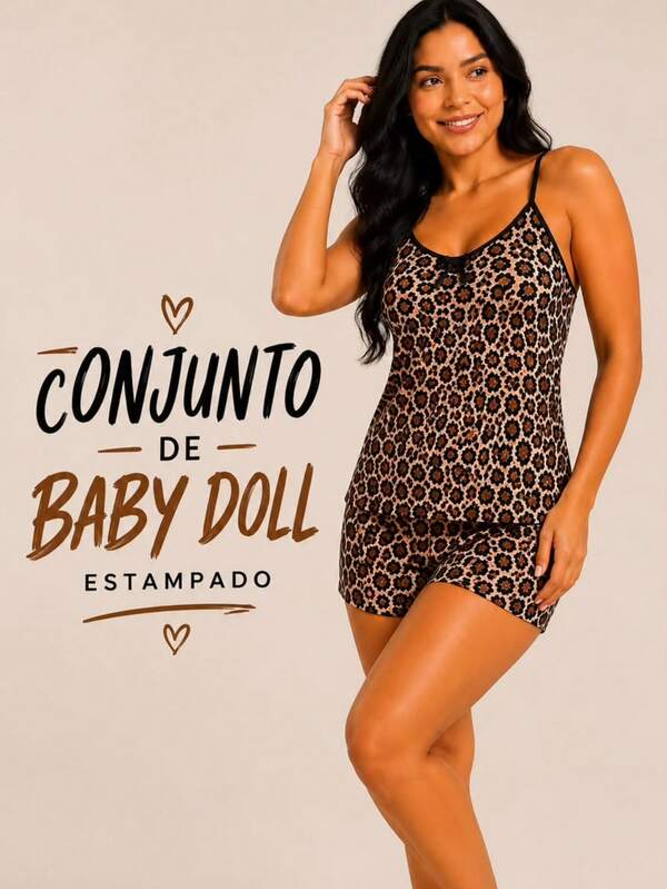 Conjunto de Baby Doll Adulto Estampado em Poliéster Pijama Feminino Short Doll Conforto e Qualidade