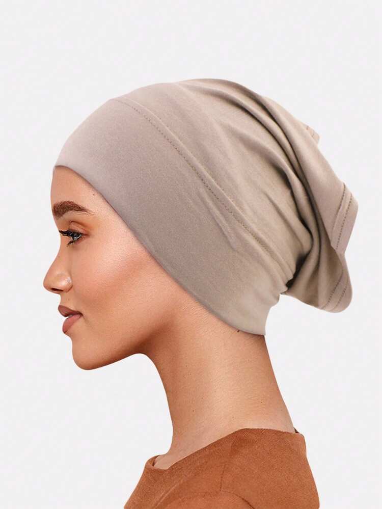 Silk-Like Solid Color Anti-Slip Pullover Beanie Hat, Minimalist Practical Multi-Functional - Khaki - View 1