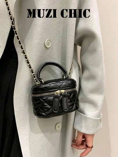 Black Mini Handbag, Dual Zipper Pocket Design, Convertible Top Handle & Chain Strap Tiny Crossbody Bag Suitable For Matching Coats And Dresses