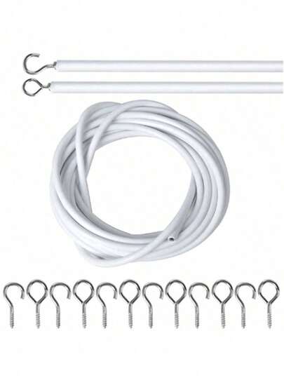 1 Set White Plastic Coated Steel Wire Hanging Line Kit, Includes Screw Eye Hooks And Rings, Multi-Purpose Sturdy Structure Hanging Rope, Suitable For Curtain, Shower Curtain Installation And Various Window Home Decor Hanging Arrangement