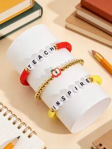 3pcs/Set Letter Beaded Bracelet Apple Pendant Layered Wear Gift Jewelry Set Back To School Teacher's Day Gift - one-size - View 4