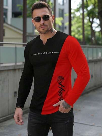 Camiseta Masculina de Outono/Inverno com Patchwork, Decote em V, Manga Longa, Estampa Floral Minimalista, Casual para o Dia a Dia