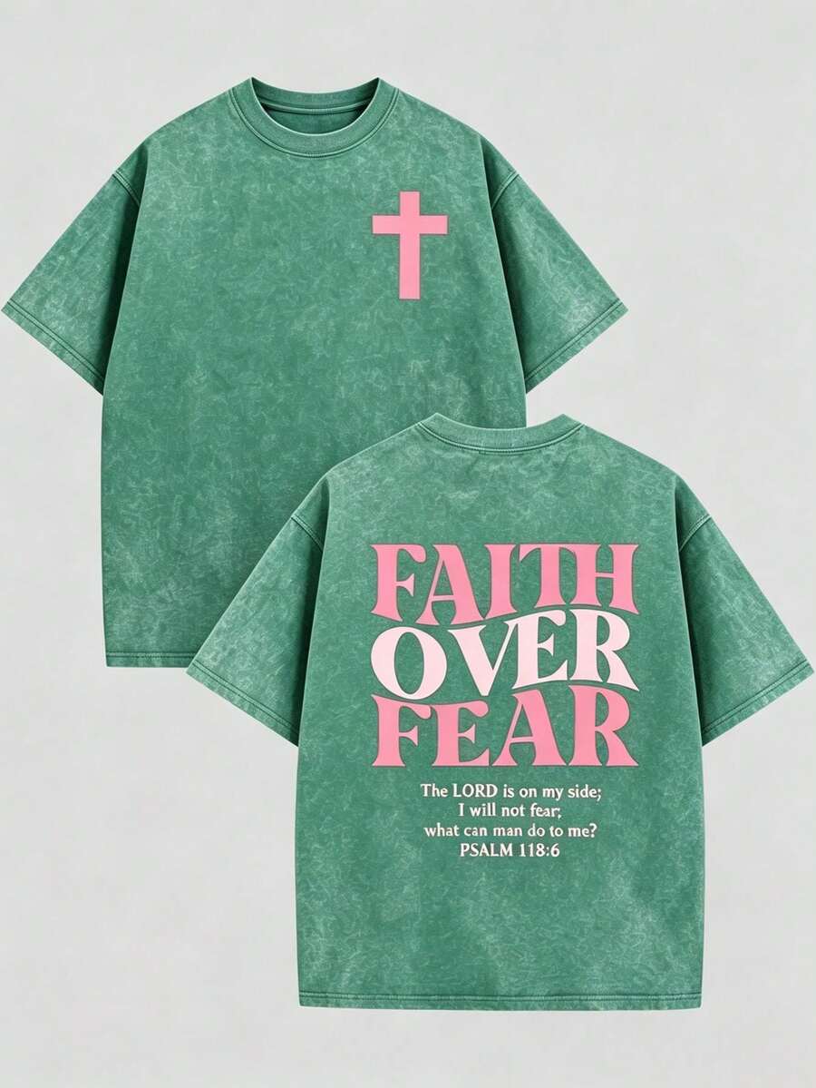 Psalm 118:6 Faith Over Fear Shirt Pink Cross Graphic Vintage Wash Christian Streetwear Church Outfit, Women Washed T-Shirt,Vacation Outfits Women - 綠色 - 查看 1