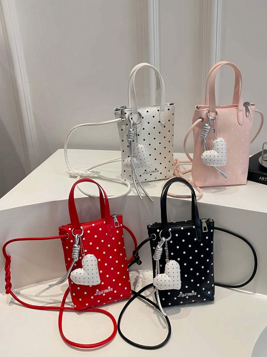 Autumn/Winter Polka Dot Print Phone Wallet, With Heart Pendant, Fashion Crossbody Bag, Cute Sweet Y2K, Suitable For Daily, School
