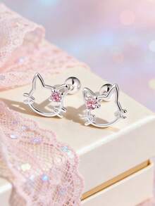 Artepollo 1pc 925 Sterling Silver Hypoallergenic Cat Ear Stud Earrings With Sparkling Cubic Zirconia, Dreamy Sweet Gift Box Packaging, Suitable For Daily Or Holiday Wear, Birthday Christmas New Year Gift For Girls And Friends - one-size - View 4