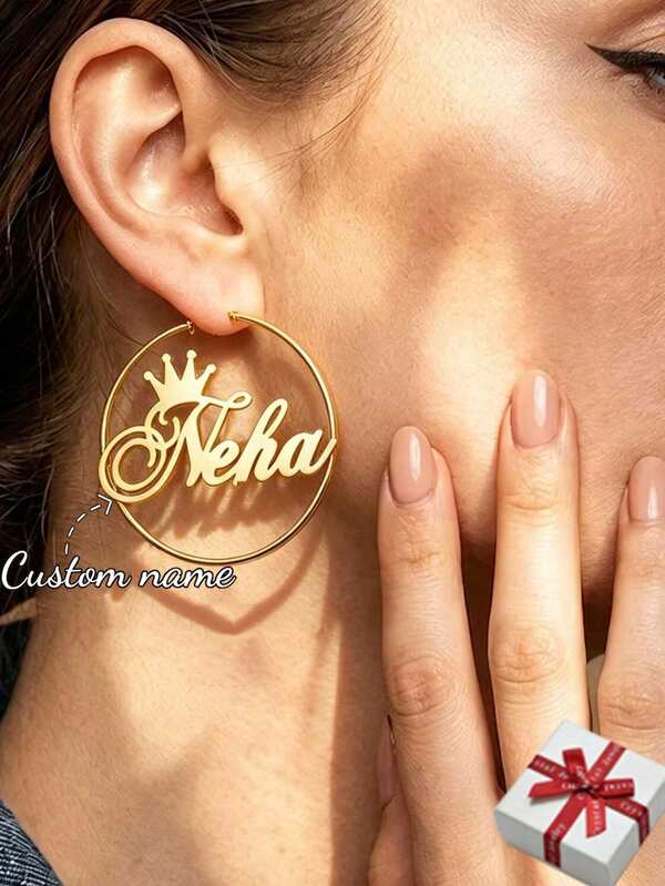 Customized Name Crown Circular Earrings, Stainless Steel Letter Personalized Round Earrings, Women's Wedding Party Jewelry, Hip-Hop European And American Style Unique Festival Gift Gold Stylish,Fall Fashion,Vintage,2000s Fashion,Feral,Y2k Custom,Personalized,Unique Ideal Gifts For Her Girlfriend,Mom,Family,Friends,Daughter For Anniversaries,For Valentine's Day,For Mother's Day,For Birthdays,For Graduation,For Daily Wear,For Weddings,For Prom,For Dressy Outfits Valentines