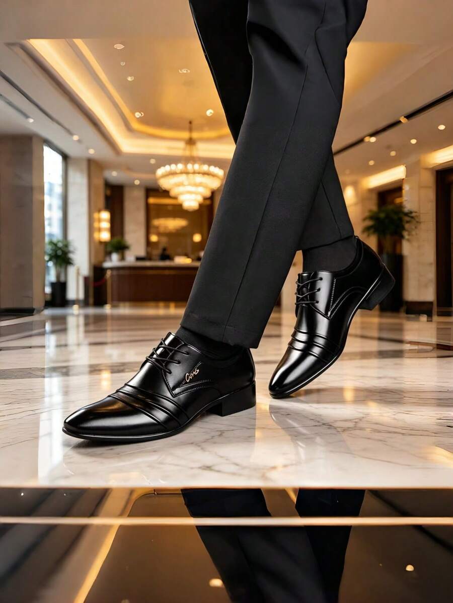 New Men's Wrinkled Upper Business Casual Shoes, Fashion Lace-Up Office Commute Formal Shoes - Black - View 1
