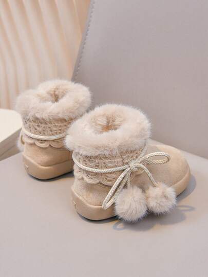 1 Pair Winter Girls' Plush Ball Snow Boots, Thermal Lined Thick Warm Ankle Boots With Lace Trim, Bow Knot, Soft Sole, Non-Slip