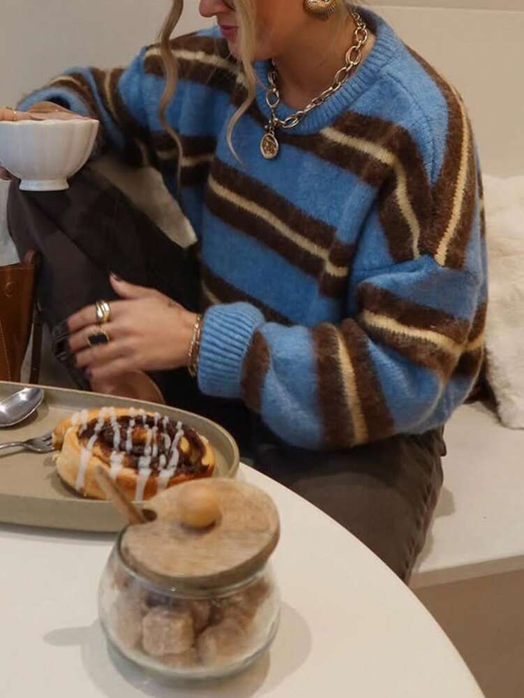 女款條紋圓領落肩長袖寬鬆休閒毛衣 - 藍色 - 查看 6
