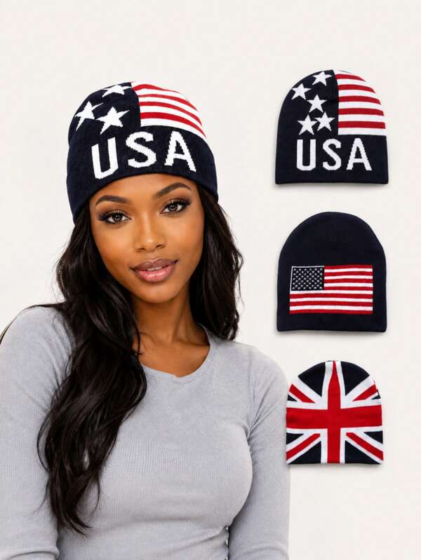 หมวกบีนนี่ถักลายธงชาติ USA & UK กลับไปโรงเรียน 1 ชิ้น ยูนิเซ็กซ์ อุ่น สไตล์สตรีทแวร์ อุปกรณ์เสริมฤดูหนาวสำหรับผู้ชายและผู้หญิง