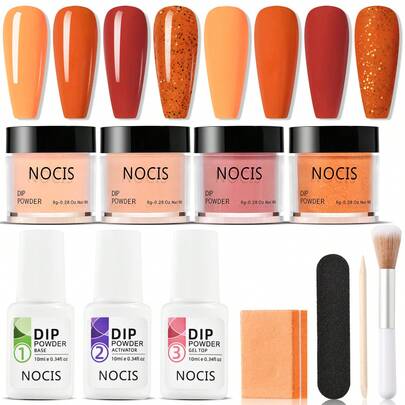 NOCIS Dip Powder Nail Kit Starter, 4 Warna Lilac Lavender Ungu Glitter Nail Dipping Powder Essential Liquid Set Dengan Base Coat Top Coat Activator French Nail Art DIY Di Rumah Manicure Salon All-In-One Beginner Kit