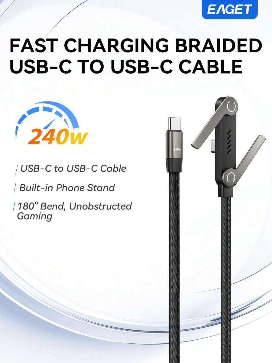 EAGET Kabel jalinan pengisian cepat USB-C ke USB-C 240W, dudukan ponsel lipat terintegrasi, sudut putar 180°, bermain game tanpa halangan, kompatibel dengan ponsel, tablet, laptop, dan konsol game. - Hitam - View 1