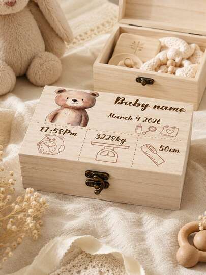 Custom Wooden Memory Box, Personalized Growth Keepsake, Cute Animal Room Decor, Customized Birth Details Box, Customizable Name Birthday Gift, , Milestone