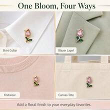 1PC/2PCS Zinc Alloy Two Tone Tulip Lapel Pin, Pink Rhinestone Green Enamel Floral Brooch, Women Clothes Collar Decor Jewelry Gift, Elegant Flower Pin - Multicolor - View 6