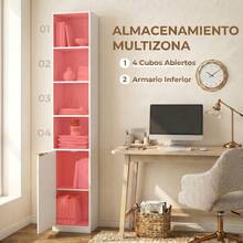 HOMCOM Estantería para Libros de 6 Niveles, Librería Alta y Estrecha con 4 Estantes Abiertos, Puerta y Estante Ajustable, Armario para Salón, Estudio, Oficina, 30x24x182 cm, Blanco - A - Ver 3