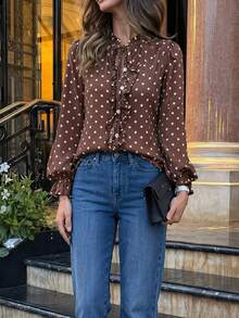 Women's Polka Dot Pleated Casual Versatile Daily Wear Top - Brown - View 3