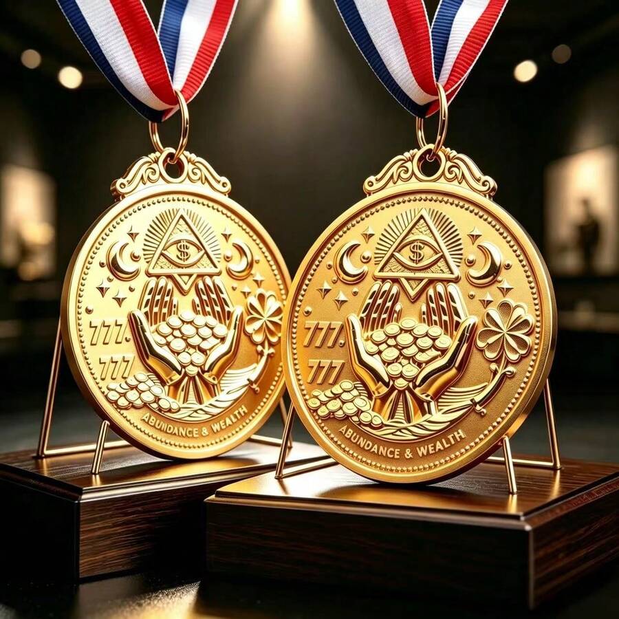 1pc All-Seeing Eye Four-Leaf Clover Gold Medal, 777 Abundant Wealth Manifestation Amulet, Lucky Charm Pendant With Red, White, And Blue Ribbon - Gold - View 1