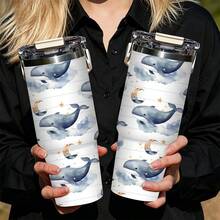 1/5 pièces Gobelet isotherme sous vide 30oz avec boîte cadeau, imprimé nuage bleu et blanc rayé lune étoile baleine, poignée pliable portable, couvercle anti-fuite à double rabat, tasse à double paroi, convient pour les promenades nocturnes, cadeau de dessin animé océan ciel étoilé rêveur - Baleine étoilée - Voir 6