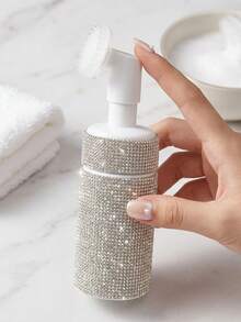 200ml Multifunctional Rhinestone Foaming Pump Bottle With Soft Brush Head, Press-Type Pump Generates Rich Fine Foam For Gentle Facial Cleansing, Detachable Brush Head Deep Exfoliate & Remove Makeup Residue, Refillable Design Reuse With Face Wash - White - View 8