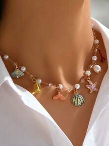 1pc Starfish Shell Faux Pearl Coral Pendant Necklace, Bohemian Style Beaded Shell Collar Necklace - Multicolor - View 4