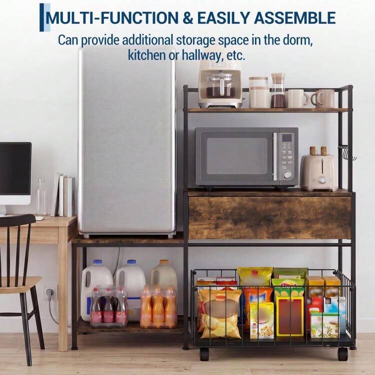 Techigher Mini Fridge Stand With Drawers, Heavy Duty Kitchen Baker's Rack With Mini Fridge Space, 5-Tier Microwave Stand & Coffee Bar Station, Space Saving Utility Organizer Cabinet For Office, Dorm, Studio - Multicolor - View 3