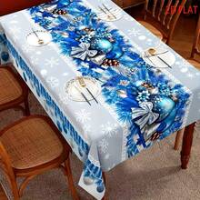 2D Flat-Print Polyester Christmas Tablecloth – Blue Design Featuring Christmas Balloons, Bells, And Bows With Winter Snowflakes – Perfect For Home, Parties, And Holiday Decor – An Ideal Festive Gift - Christmas Style E - View 1