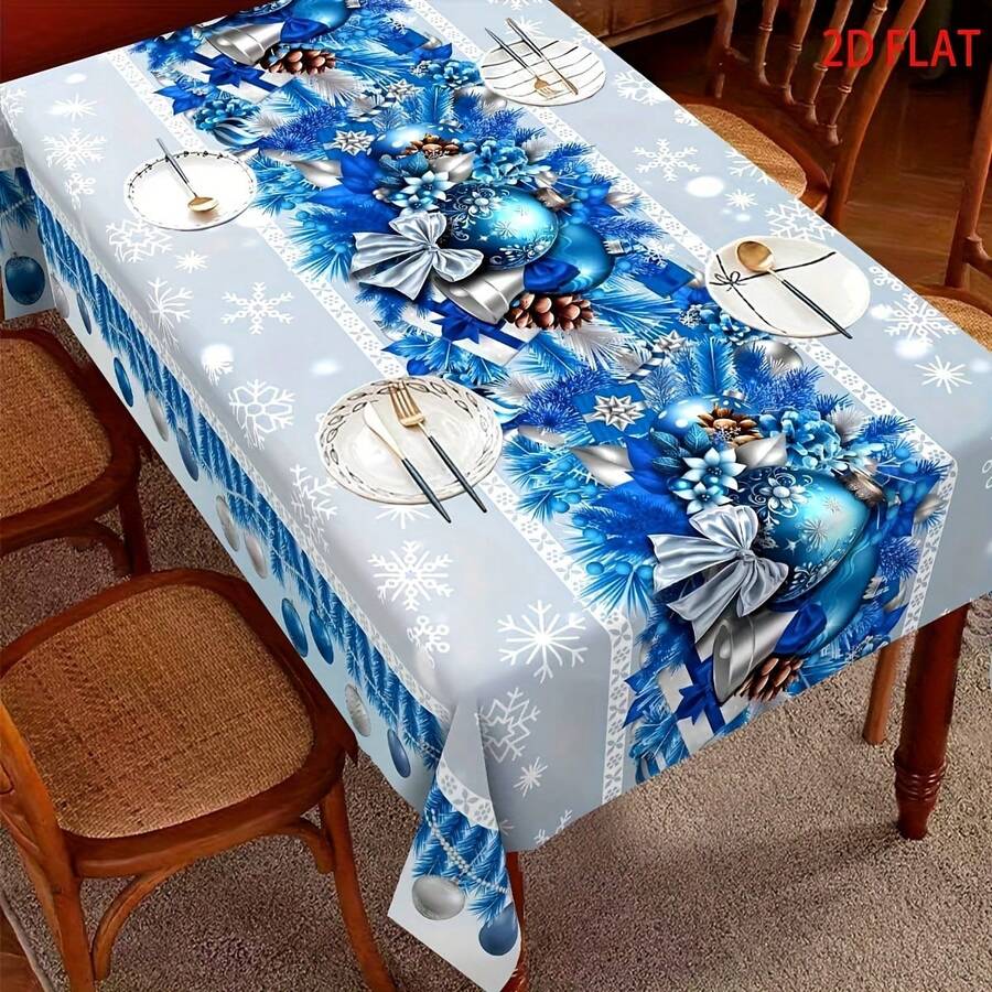2D Flat-Print Polyester Christmas Tablecloth – Blue Design Featuring Christmas Balloons, Bells, And Bows With Winter Snowflakes – Perfect For Home, Parties, And Holiday Decor – An Ideal Festive Gift - Christmas Style E - View 1