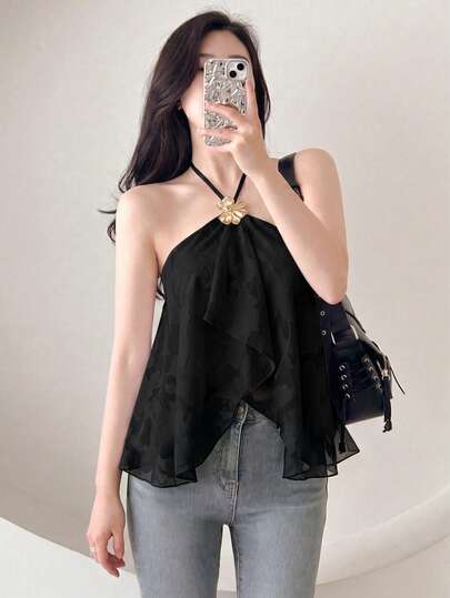 abyoxi Top de tirantes finos de gasa jacquard negro estilo Pure Desire para mujer, con decoración de botón de flor metálica, bajo drapeado con volantes, camisola holgada, blusa sexy con lazo y espalda abierta