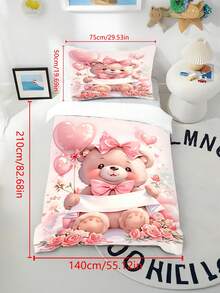 2/3PCS Girls Custom Name Pink Bow Bear Floral Balloon Print Polyester Zipper Resistant Duvet Cover Set, Sweet Girly Cartoon Bedding Set For Kids Bedroom All Seasons - Multicolor - View 12
