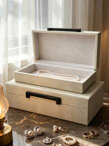 Set Of 2 Sizes PU Leather Jewelry Box With Black Handle, Cream White Shagreen Texture Jewelry Organizer Vanity Storage Box For Dresser Room Decor Gift - View 3