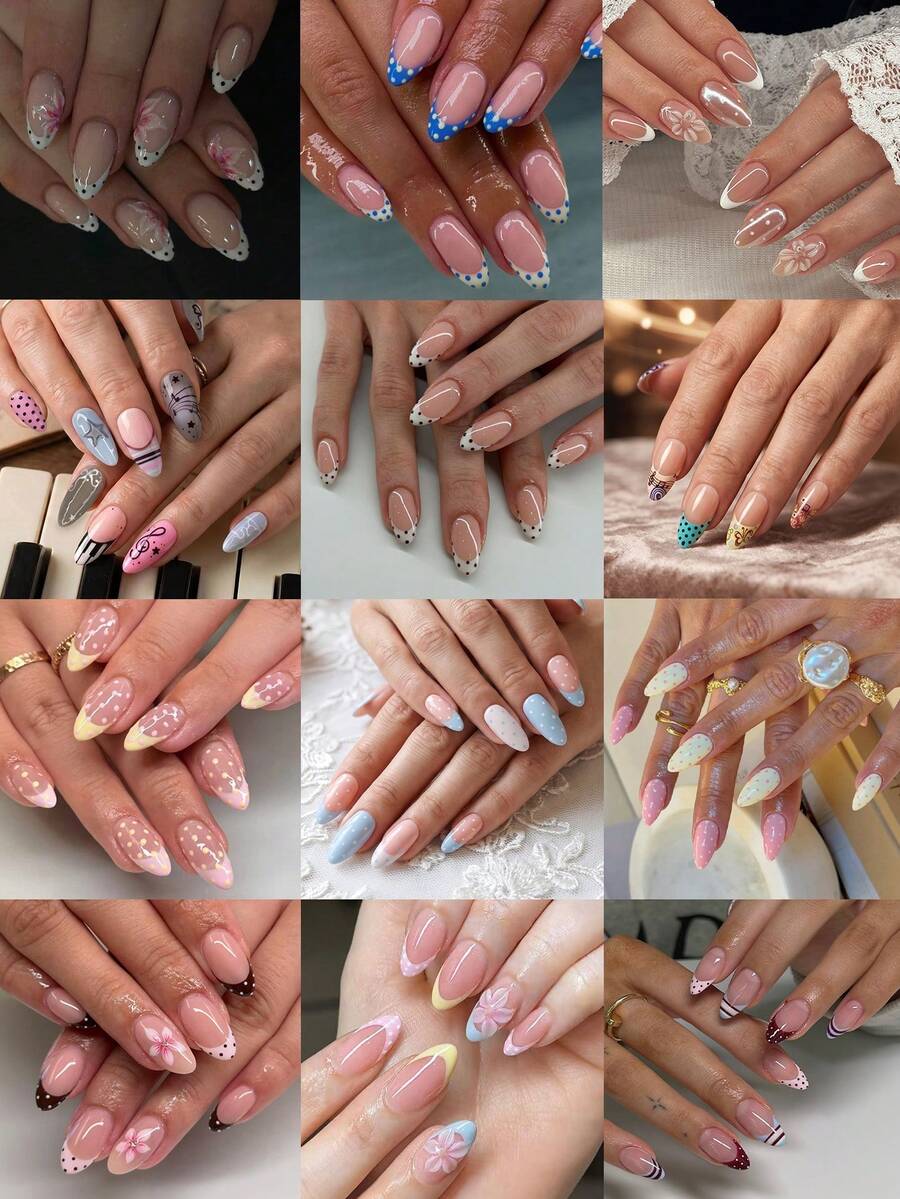 360片長杏仁形3D凝膠美甲貼片,波點美甲、花朵美甲、法式美甲與波點美甲設計假指甲套組,含1片雙面黏貼膠與1個美甲锉,波點美甲適合派對、舞蹈與日常使用 - 彩色 - 查看 1
