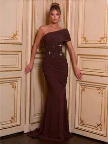 Shiny Patchwork Elegant Party Pleated Zipper Evening Date Formal Dinner Dress - Coffee Brown - View 1