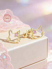 Artepollo 1pc 925 Sterling Silver Hypoallergenic Cat Ear Stud Earrings With Sparkling Cubic Zirconia, Dreamy Sweet Gift Box Packaging, Suitable For Daily Or Holiday Wear, Birthday Christmas New Year Gift For Girls And Friends - one-size - View 2