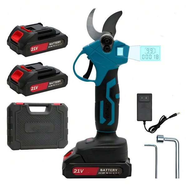 Tijeras de podar eléctricas recargables inalámbricas para bonsáis con pantalla LCD, color azul, 2 baterías, 1 cargador, enchufe estadounidense