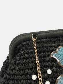 New Chinese Style Retro Straw Shell Bag With Sequin Embellishments, A Versatile Women's Handbag Perfect For Weddings, Banquets, And Outings. - Black - View 5