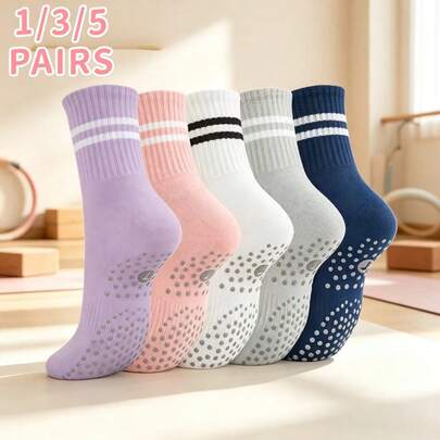 1/3/5 Pairs Women's Pilates Socks Yoga Crew Socks With Grips, Suitable For Barre, Hospital, Grippy Sticky Slippers Socks, Non-Slip Yoga Socks